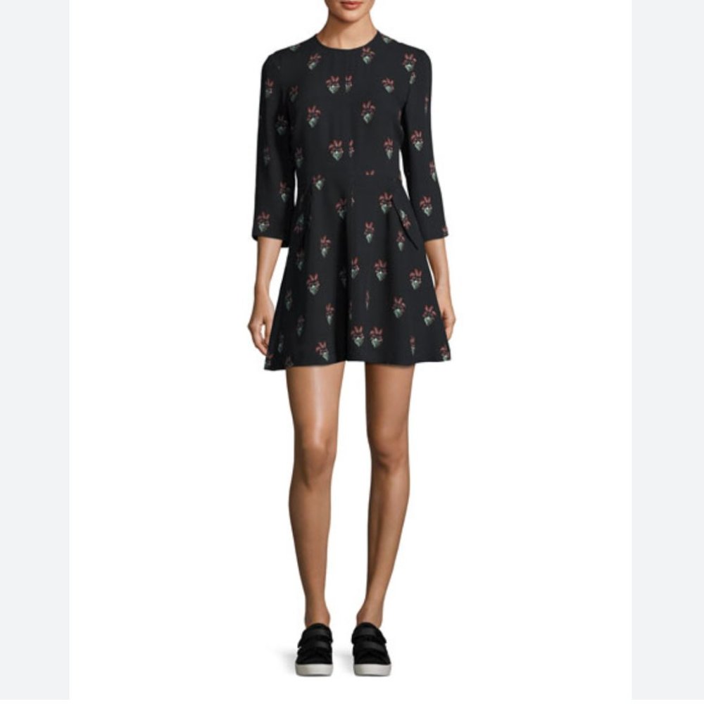 A.L.C. Terry 3/4-Sleeve Printed Silk Mini Dress, Black